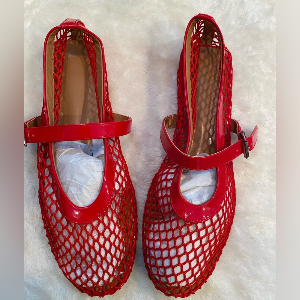 Red Straw Mary Jane Flats Shoe